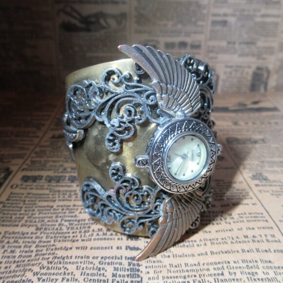 Steampunk Large Wrist Cuff Watch Face Wings Ornate Filigree Chunky Bracelet - Picture 6 of 15